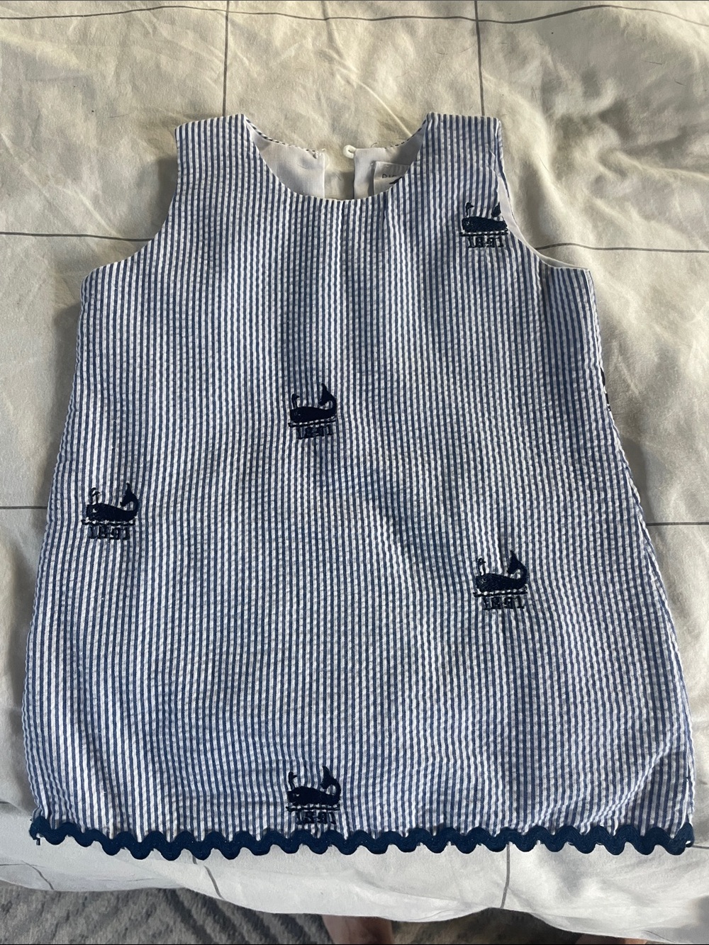 Piping Prints Blue and White Seersucker Baby Dress with Whale Embroidery